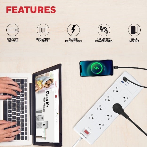 รางปลั๊กไฟ 8 ช่อง Honeywell รุ่น HCC000053 ป้องกันไฟกระชาก 1.8 เมตร (USB-A 2 ช่อง , USB-C 1 ช่อง)_3